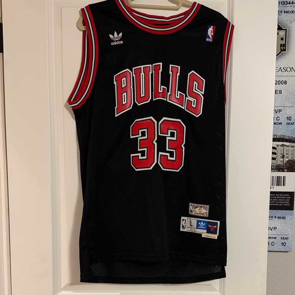 Adidas Bulls Black Scottie Pippen and Red Basketball Jersey